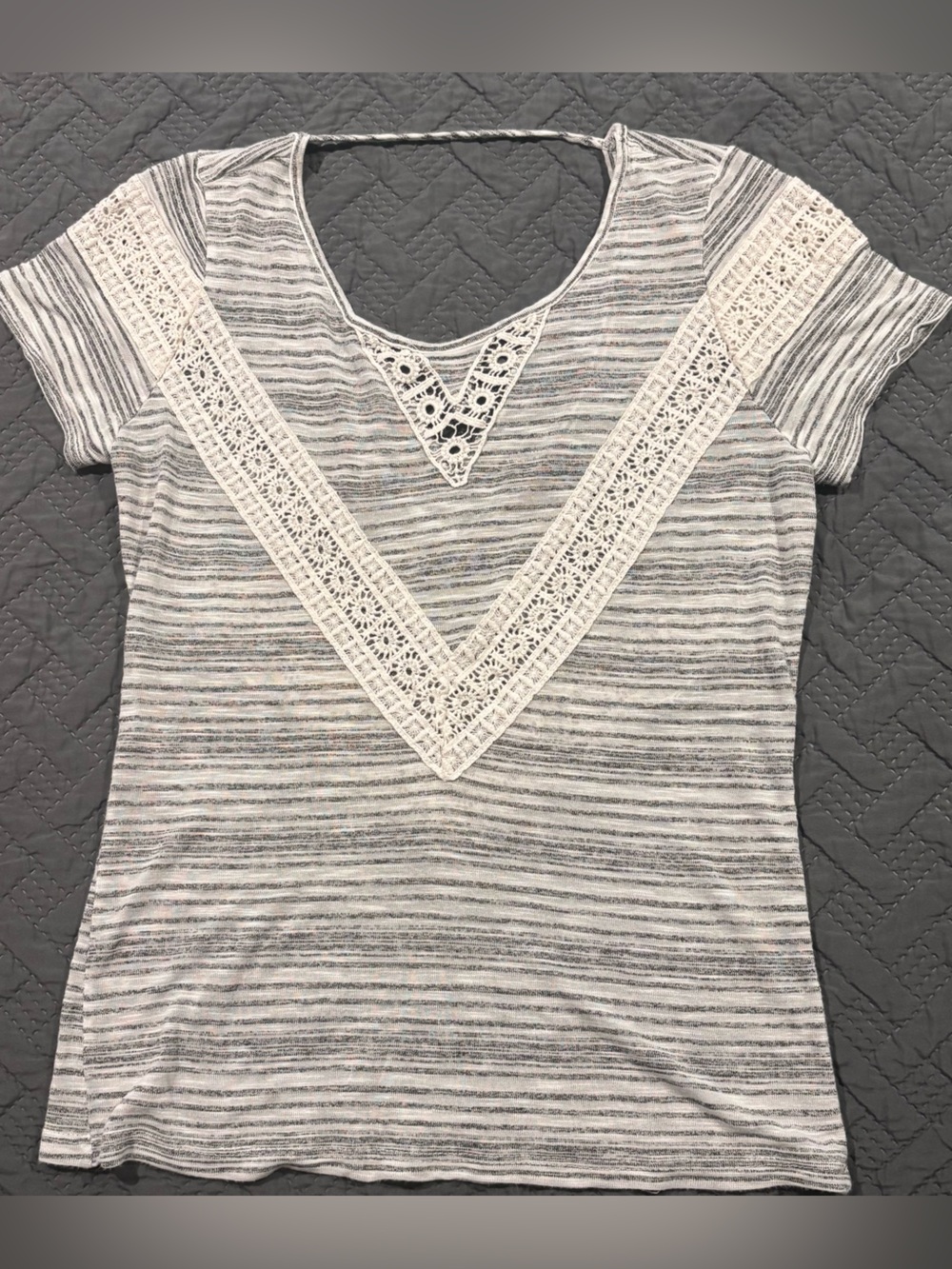 BKEred Grey & White Striped Short Sleeve Top with Crochet V Inset & Open Back